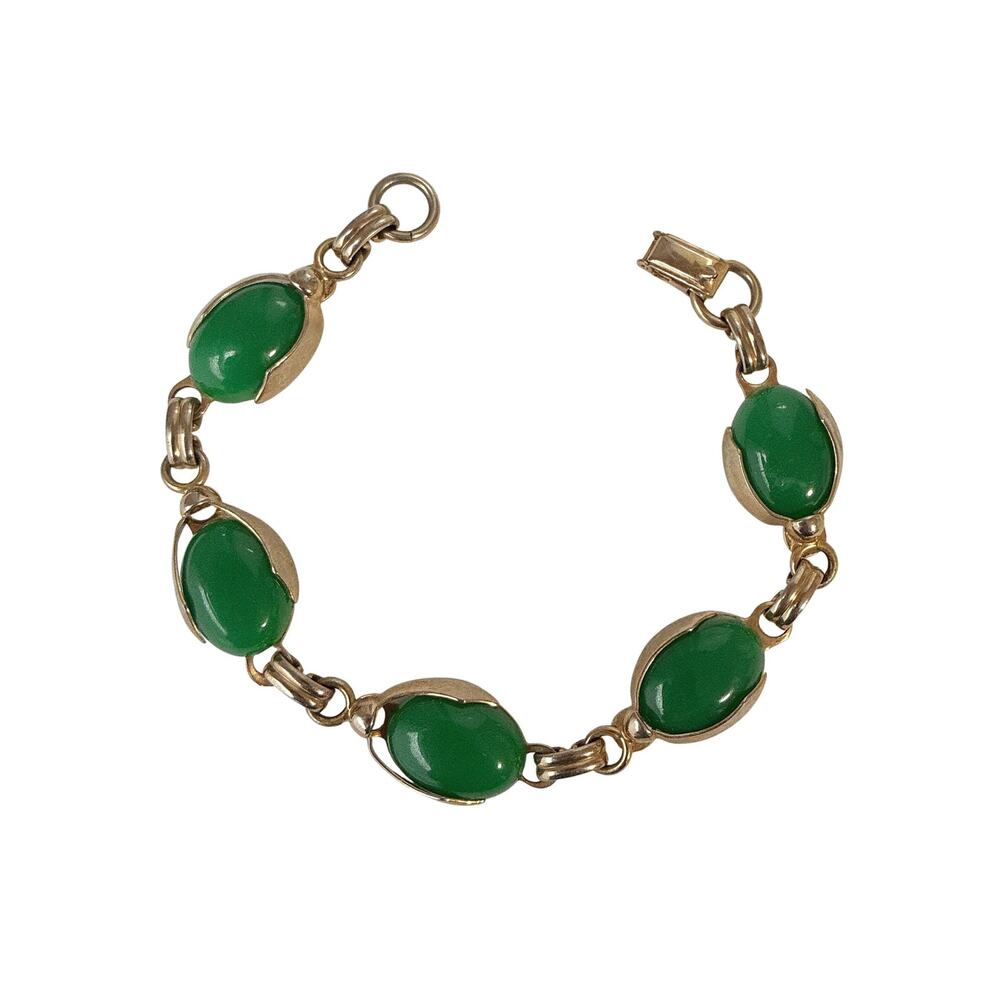 Vintage 1960s Green Cabochon Link Bracelet - Gold Tone Retro Jewelry